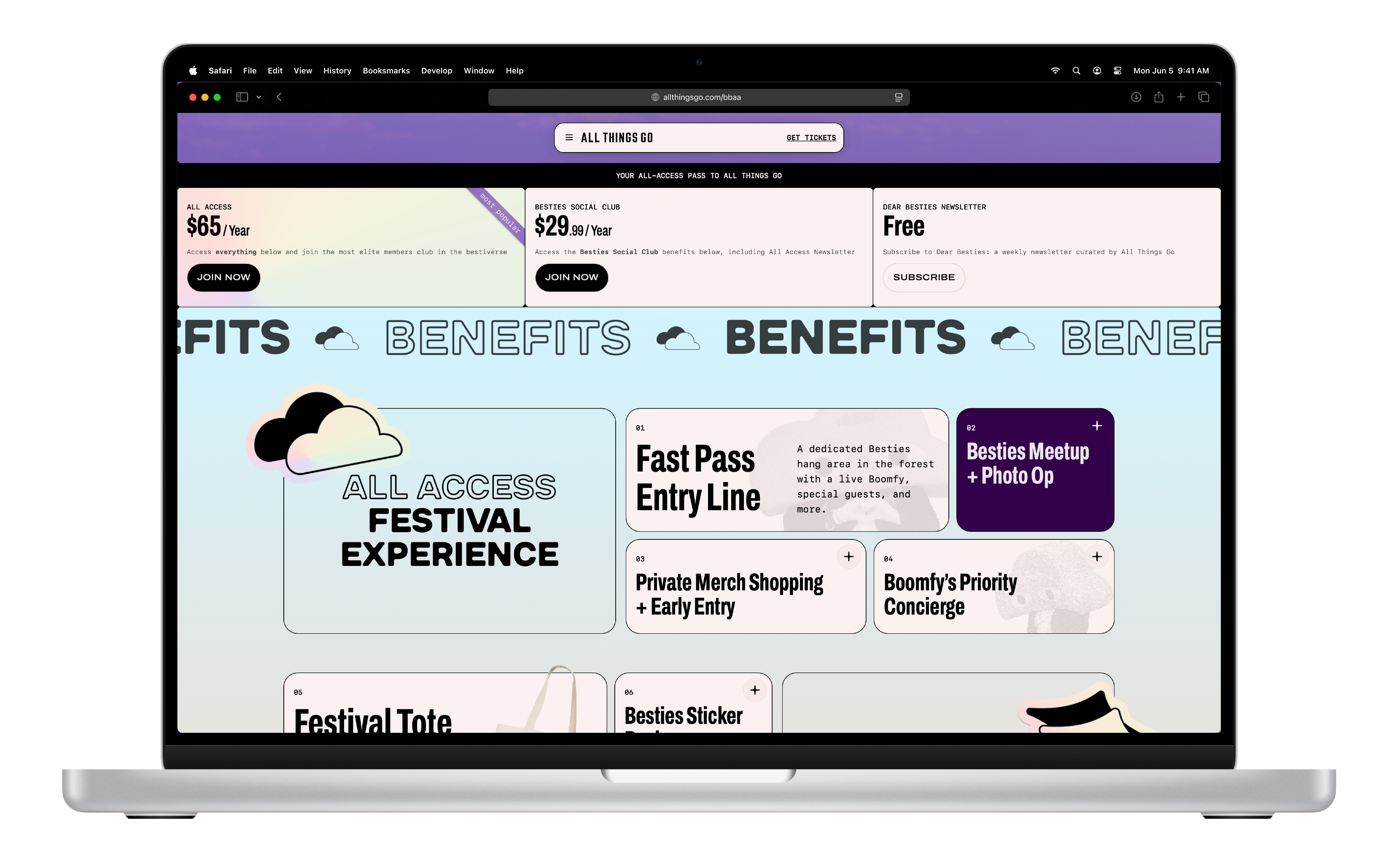 Desktop 'Benefits' on the Boomfy's Besties All Access Website website for All Things Go