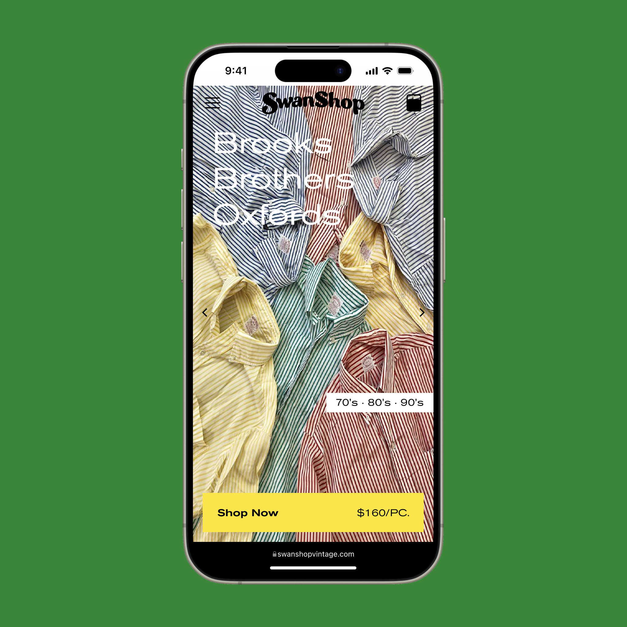 Swan Shop Vintage mobile homepage featuring Brooks Brothers Oxford shirts