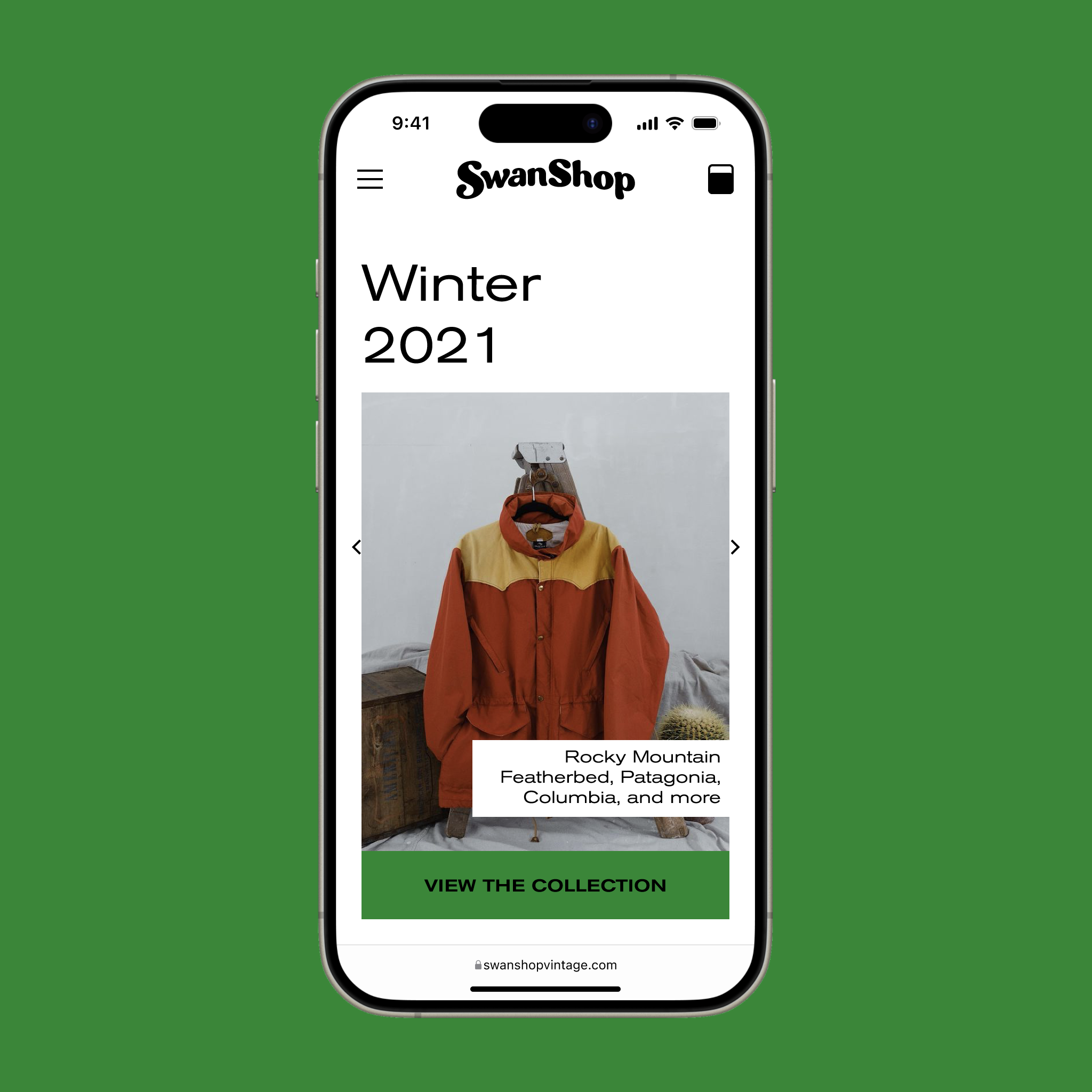 Swan Shop Vintage mobile collection page for winter 2021